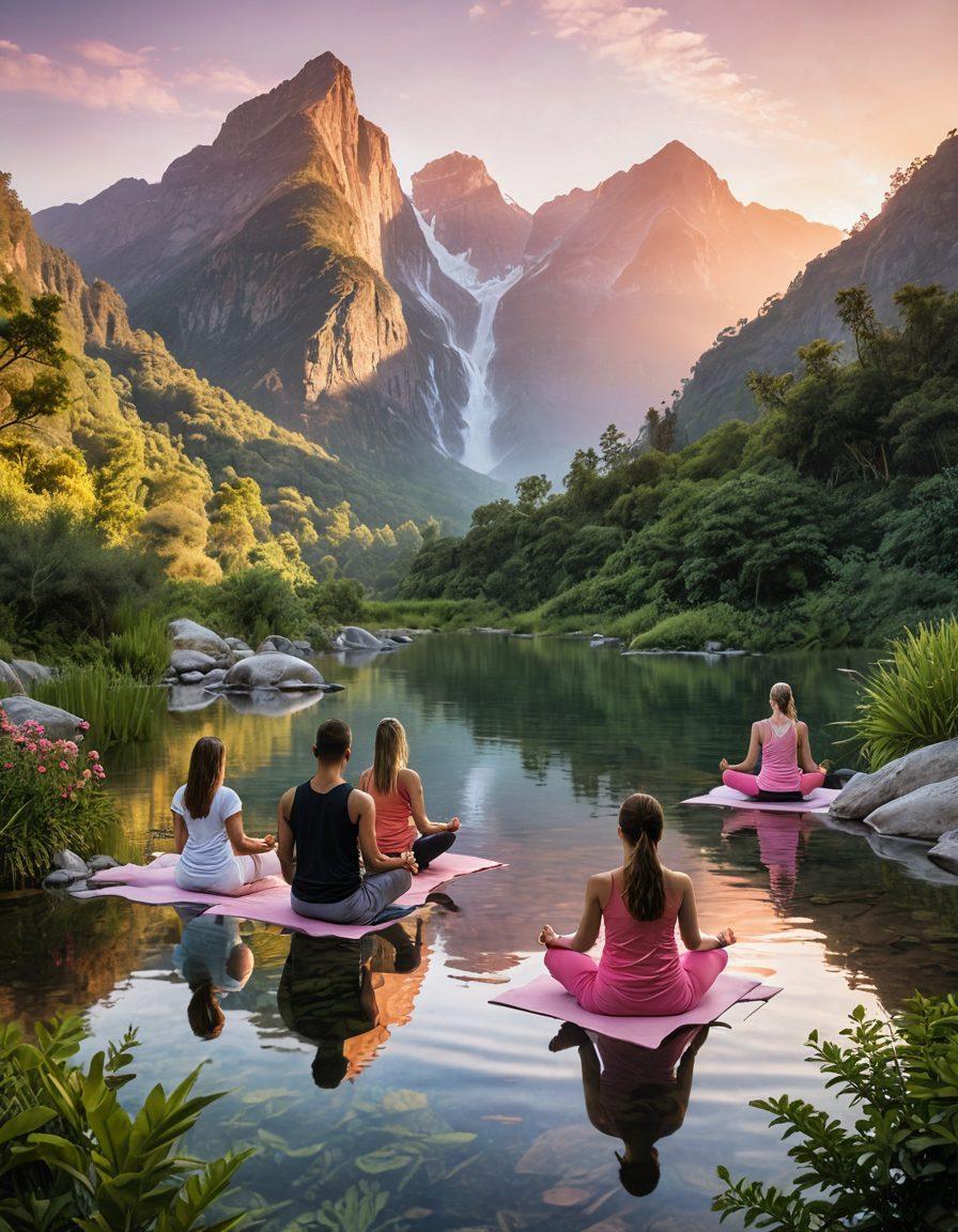 A serene landscape depicting a majestic sunrise over a mountain range, symbolizing new beginnings and empowerment. In the foreground, diverse individuals engaging in meditation and yoga, radiating happiness and inner strength. Include lush greenery and gentle flowing water to enhance the sense of tranquility and transformation. A vibrant color palette to evoke positive emotions and energy. super-realistic. vibrant colors.