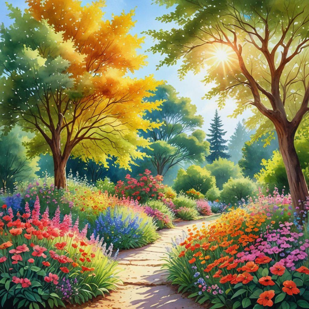 A serene landscape featuring a lush garden filled with colorful flowers and a clear blue sky, with a diverse group of people of different ages sharing joyful moments and expressing gratitude, set against a backdrop of peaceful nature. Include soft sunlight filtering through trees, symbolizing warmth and positivity. watercolor style. vibrant colors.
